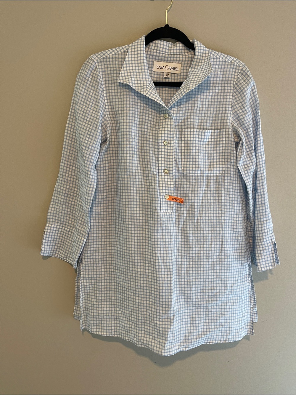 Sara Campbell White Blue Checkered Tunic Top Blouse Lagenlook 100% Linen Size XS